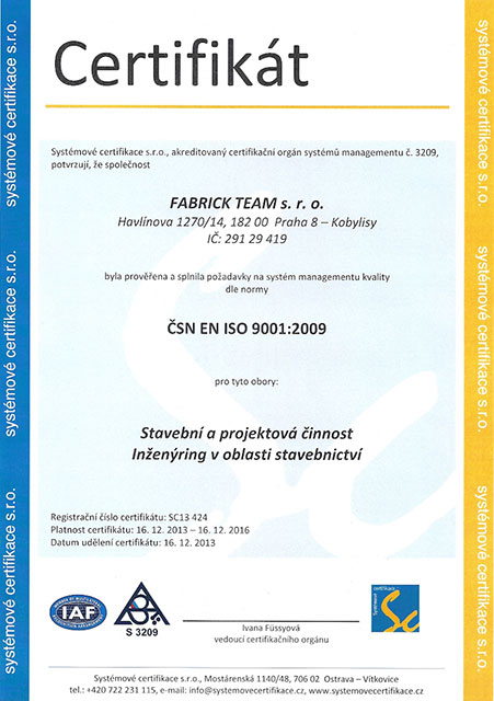 Certifikát - ČSN EN ISO 9001:2009