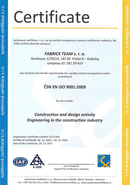 Certificate - ČSN EN ISO 9001:2009